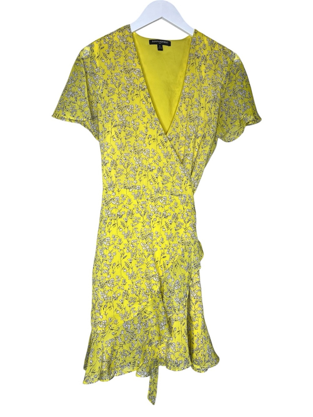 Cottagecore BANANA REPUBLIC Yellow Floral Wrap Dress 8 Flutter Sleeve Ruffle
